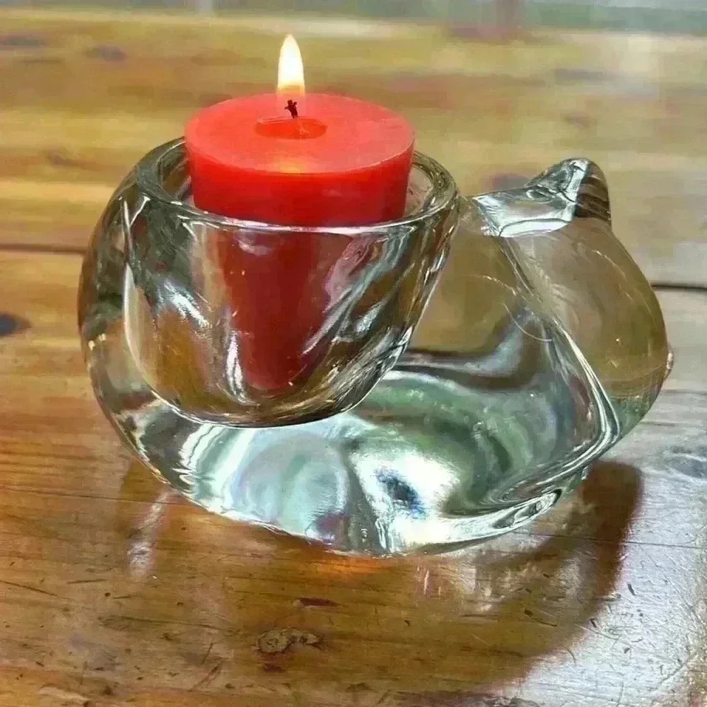 Vintage Indiana Glass Paper Weight Sleeping Kitty Has Place For Votive Candle